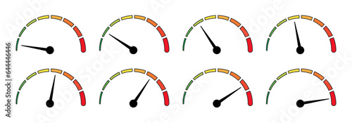 Scale speed in flat style. Vector speedometer with strokes isolated illustration set. Speedometer speed car auto dashboard vector isolated icons. Fast time concept. Speed motion design.
