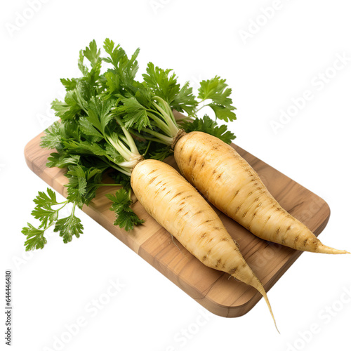 Parsnip on wooden plate, platter isolated on transparent background.
