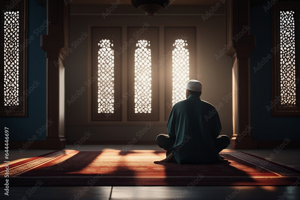 Muslim man sitting on prayer mat in mosque Muslim man sitting on prayer mat in mosque