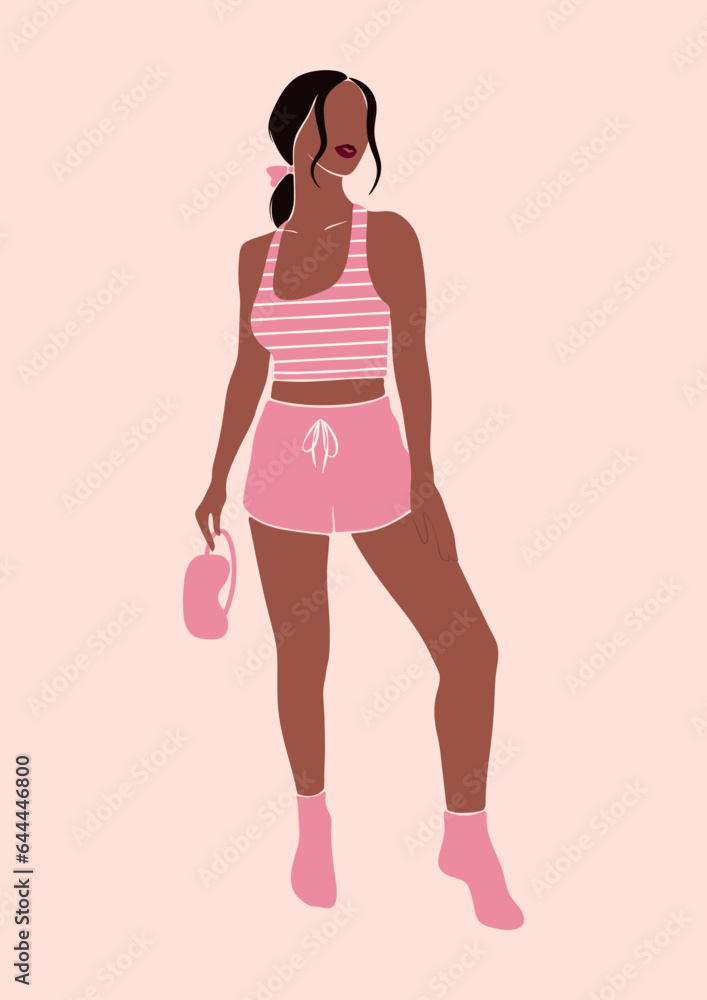 abstract young woman of color in pink pajamas, lady in comfy sleepwear, beautiful black arican girl in loungewear, stay home and self-care concept, isolated vector illustration abstract young woman of color in pink pajamas, lady in comfy sleepwear, beautiful black arican girl in loungewear, stay home and self-care concept, isolated vector illustration