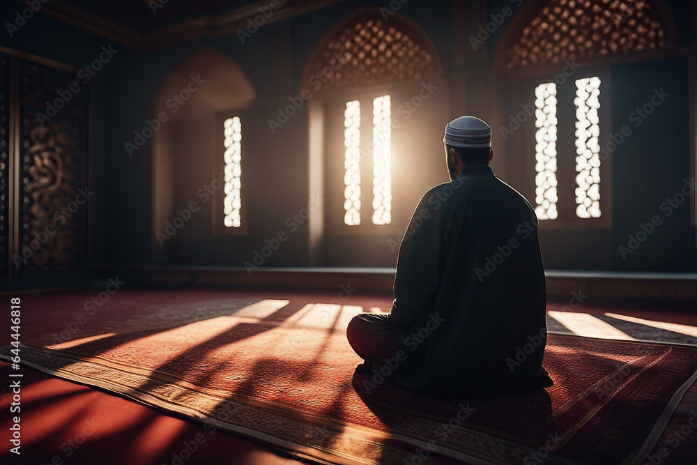 Muslim man sitting on prayer mat in mosque Muslim man sitting on prayer mat in mosque