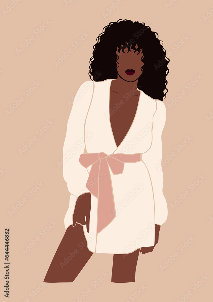abstract young woman of color in white dress, lady in comfy summer outfit, beautiful black arican girl in loungewear, stay home and self-care concept, isolated vector illustration abstract young woman of color in white dress, lady in comfy summer outfit, beautiful black arican girl in loungewear, stay home and self-care concept, isolated vector illustration