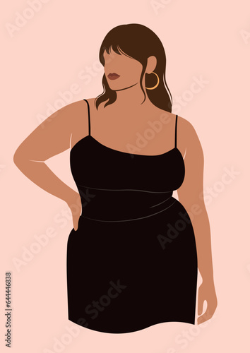abstract young curvy woman of color in black dress, lady in elegant sleepwear, beautiful girl in summer outfit, fashion, isolated vector illustration
