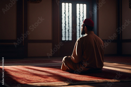 Muslim man sitting on prayer mat in mosque photo