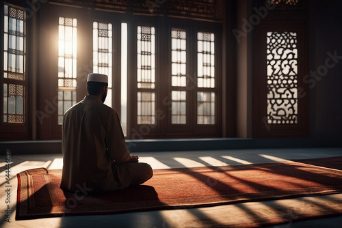 Muslim man sitting on prayer mat in mosque