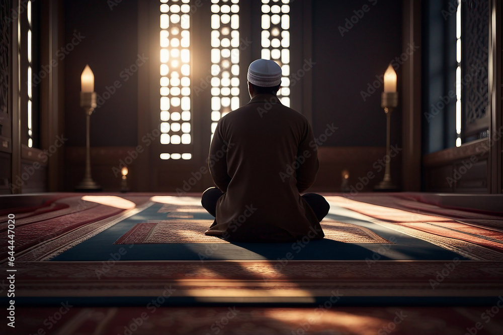 Muslim man sitting on prayer mat in mosque Muslim man sitting on prayer mat in mosque