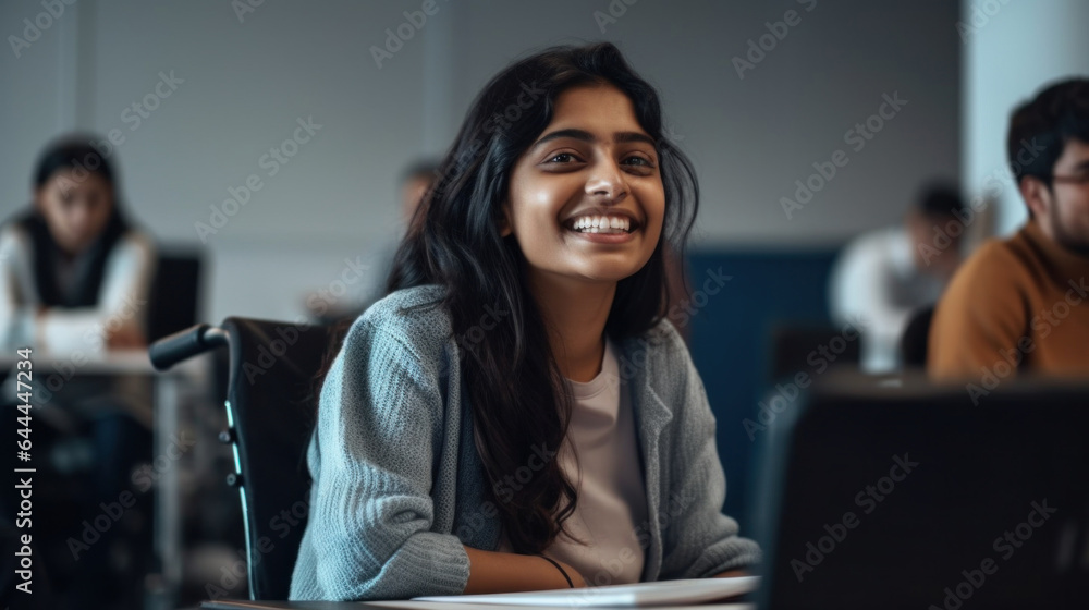 Smiling Indian woman in wheelchair at the office. Generative AI Smiling Indian woman in wheelchair at the office. Generative AI