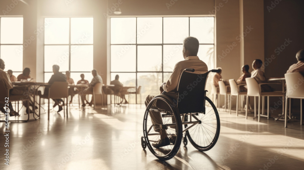 Rear view of Indian man in a wheelchair with office colleagues. Generative AI Rear view of Indian man in a wheelchair with office colleagues. Generative AI