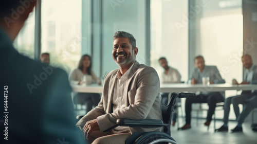 Wheelchair-bound Indian man posing happily with colleagues. Generative AI