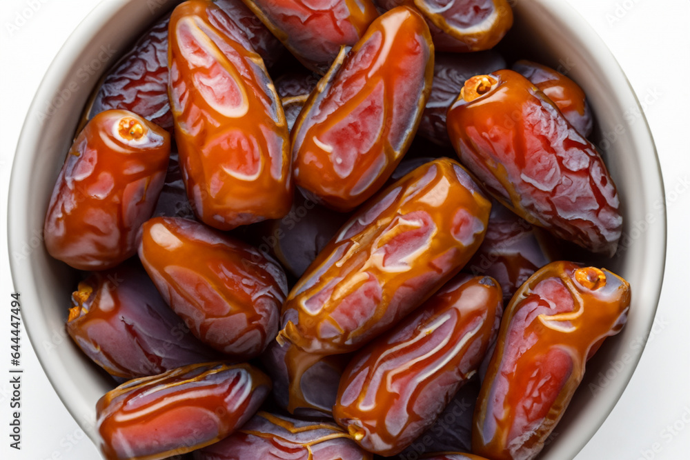 A sumptuous display of Medjool dates, captured from an inviting top view perspective. The golden-brown richness of these dates promises a sweet and satisfying snack