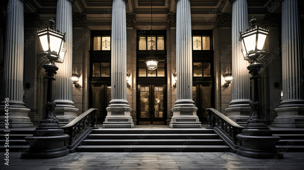 Grand entrance of a historic bank