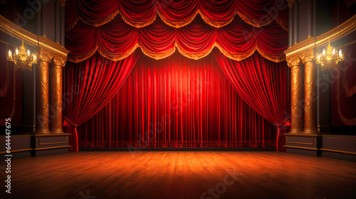 Vintage stage setup with red velvet curtains and golden tassels