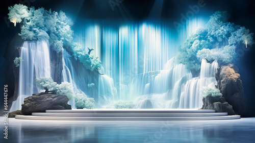 Pristine white stage with cascading waterfall backdrop photo