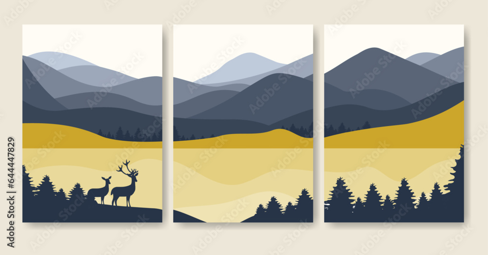 Aesthetic minimalist wildlife art poster set illustration. Deer in the forest