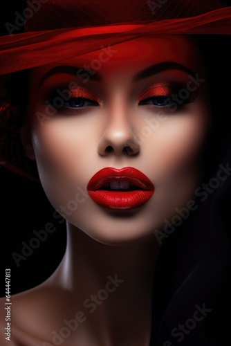 Portrait of a beautiful girl on a black background in a red hat with bright shadows and lips