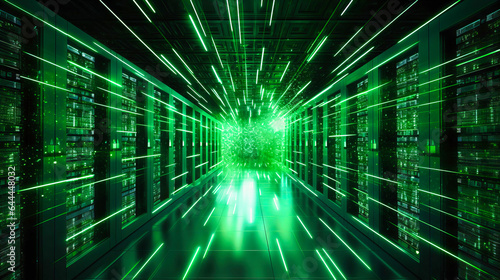 Towering data servers with myriad of blinking lights housed in a cooled room