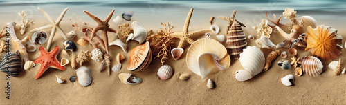 sea holiday beach sand ocean summer nature tropical banner shell. Generative AI.