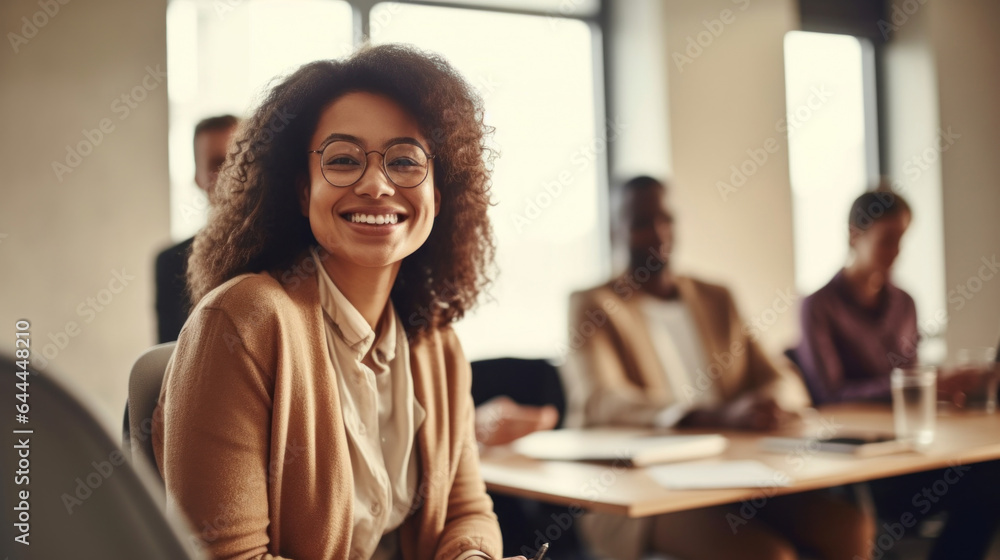 Obraz premium Multicultural woman in a wheelchair, surrounded by smiling colleagues in the office. Generative AI