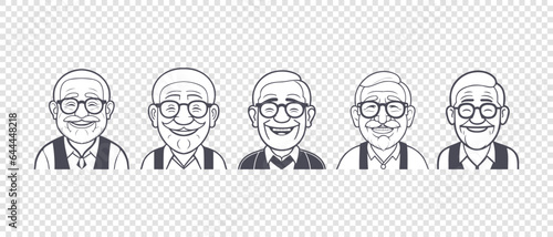 Vector set of graphic monochrome icons or stickers. Smiling good-natured grandfathers in glasses. Isolated background.