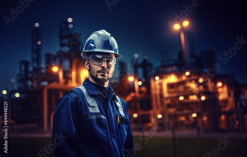 Confident refinery worker wearing uniform, protective eyeglasses and hard hat standing in front of the refinery at night.