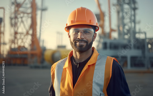 Male petrochemical engineer wearing uniform, protective eye glasses and hard hat standing at oil and gas refinery plant industry factory at sunset.