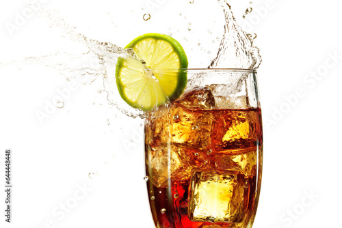 A lively image featuring a refreshing rum and cola cocktail, with splashing liquid and a lime slice. This energizing drink is perfect for celebrations and partie. photo