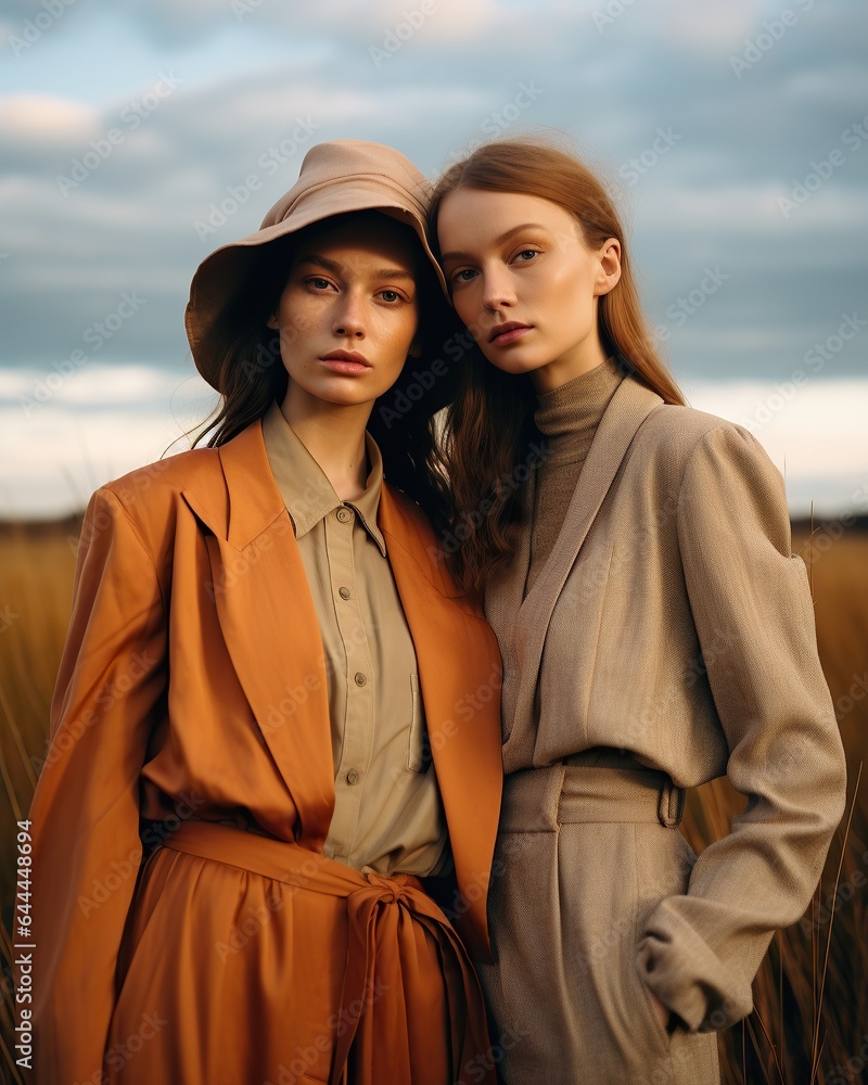 Φωτογραφία Two young women, standing in a field of wild autumn grass, embody fashion and na