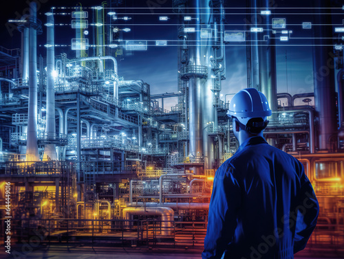Rear view of engineer with oil refinery industry plant in the background at night  industrial instruments in the factory and futuristic hologram concept  Industry 4.0 concept.