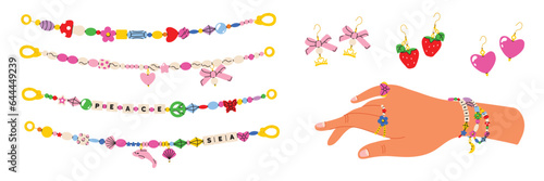 Retro colorful funky beads jewelry set. Bracelet, ring, earrings with various plastic pendants. Hand drawn vector illustration 00s style aesthetic.
