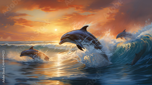 A pod of dolphins leaps joyfully through the waves, their sleek bodies cutting through the water with grace. The scene exudes energy and vitality, showcasing the dynamic and spirited nature.