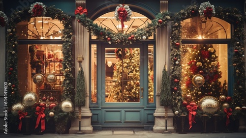 An exterior view of a physical store adorned with Christmas lights, wreaths