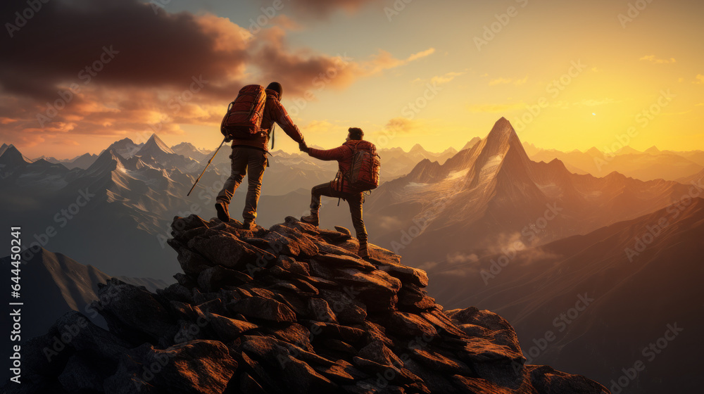 Peak Partnership: Hiker Assisting Friend to Mountain's Summit
