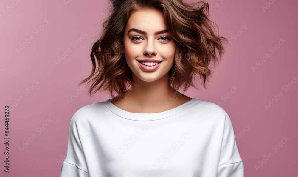 Fototapeta premium Chic and vibrant: Elegant lady in white standing in a pink-themed studio.