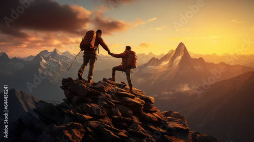 Peak Partnership  Hiker Assisting Friend to Mountain s Summit