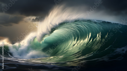 A colossal wave rises against the backdrop of a stormy sky, demonstrating the raw power of the ocean. The scene evokes awe and respect for the immense forces that shape the world's oceans.