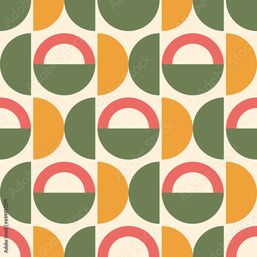 Mid century modern seamless pattern. Retro vintage geometric background, banner, digital paper. Modern abstract art. Playful mosaic. Bauhaus. Earth colors.