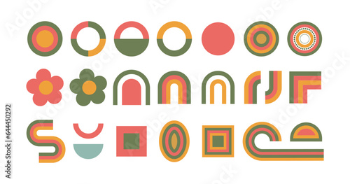 Mid century modern shapes. Geometric clipart. Retro vintage vibes. Abstract forms, rainbows, arcs, flowers.