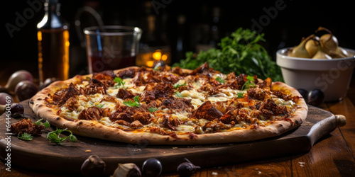 Authentic Shawarma Pizza: Cheese, Tomato Sauce, Olives, Baked in Wood-Burning Oven