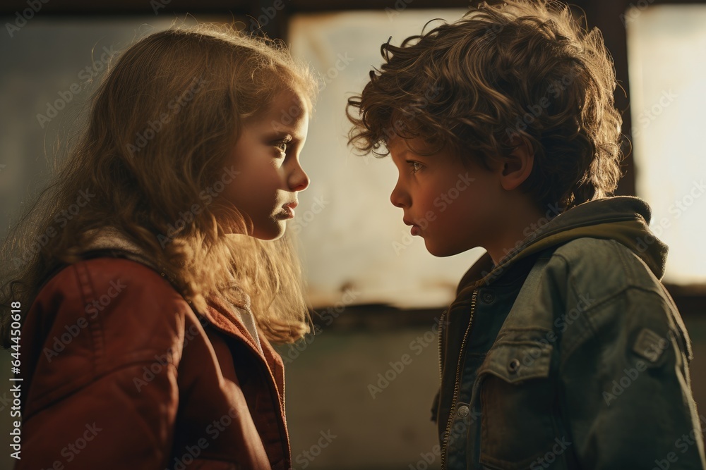 A boy and a girl look at each other. Conflict at school. A boy and a girl look at each other. Conflict at school.