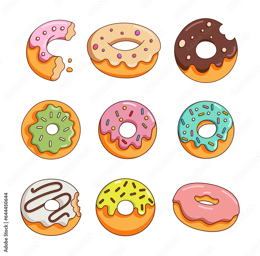 Glazed donuts with sprinkles. Sweet sugar bakery. Hand drawn style. Vector drawing. Collection of design elements. Glazed donuts with sprinkles. Sweet sugar bakery. Hand drawn style. Vector drawing. Collection of design elements.