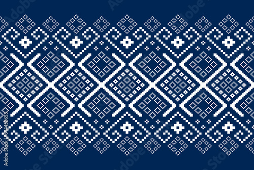 Indigo navy blue geometric traditional ethnic pattern Ikat seamless pattern border abstract design for fabric print cloth dress carpet curtains and sarong Aztec African Indian Indonesian photo
