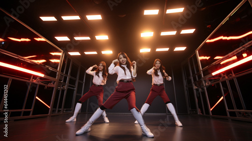 Asian young K-pop girl band dancing