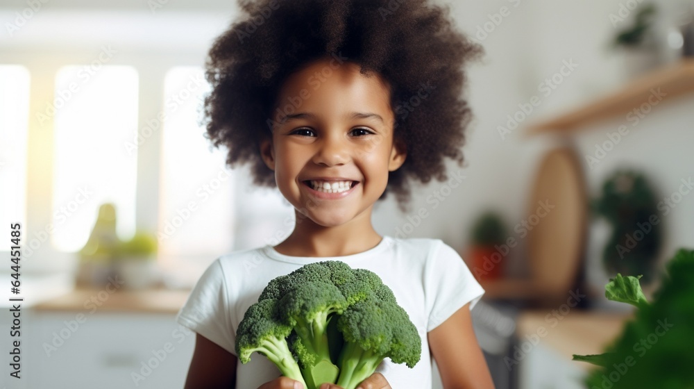 Little beautiful african girl posing with broccoli in the kitchen. Healthy vegan baby foods concept. - obrazy, fototapety, plakaty 