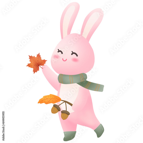Rabbit playing with autumn leaves