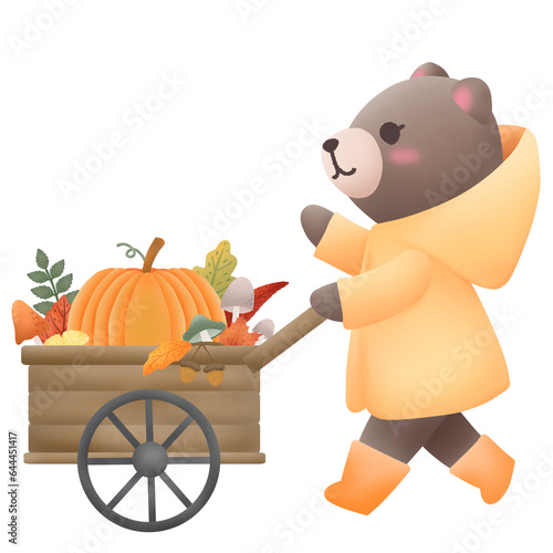 Cute bear pushing a wooden cart