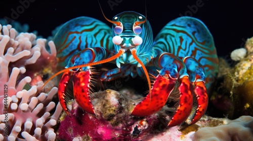 Vibrant mantis shrimp underwater on coral reef. Sea life macro background.. © Oksana Smyshliaeva