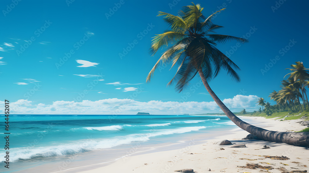 A solitary palm tree stands on a pristine, deserted beach, framing a view of the endless ocean. The scene radiates tranquility and the allure of escaping to a remote and untouched paradise.
