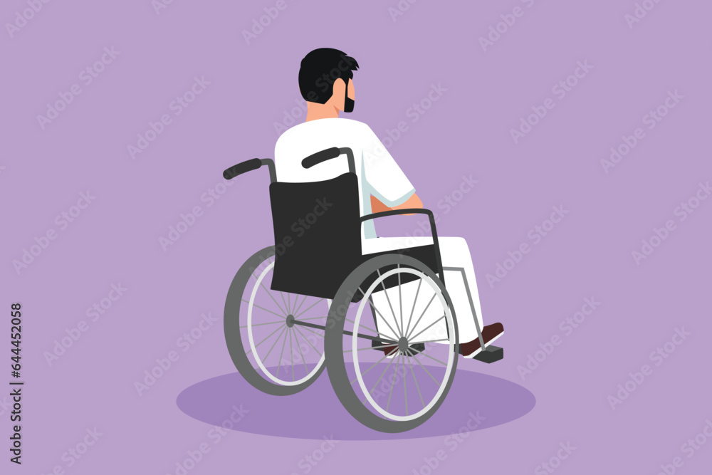 Graphic flat design drawing back view of lonely old Arab man sitting on wheelchair, looking at distant dry autumn leaves in outside. Lonely forlorn desolate lonesome. Cartoon style vector illustration Graphic flat design drawing back view of lonely old Arab man sitting on wheelchair, looking at distant dry autumn leaves in outside. Lonely forlorn desolate lonesome. Cartoon style vector illustration