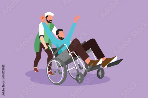 Character flat drawing young Arabian male volunteer helps disabled old man, riding on wheelchair in park. Family care, volunteerism, disability care responsibility. Cartoon design vector illustration