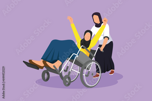Graphic flat design drawing young beautiful Arab female volunteer helps disabled old woman, riding on wheelchair in park. Family care, volunteerism, disability care. Cartoon style vector illustration photo